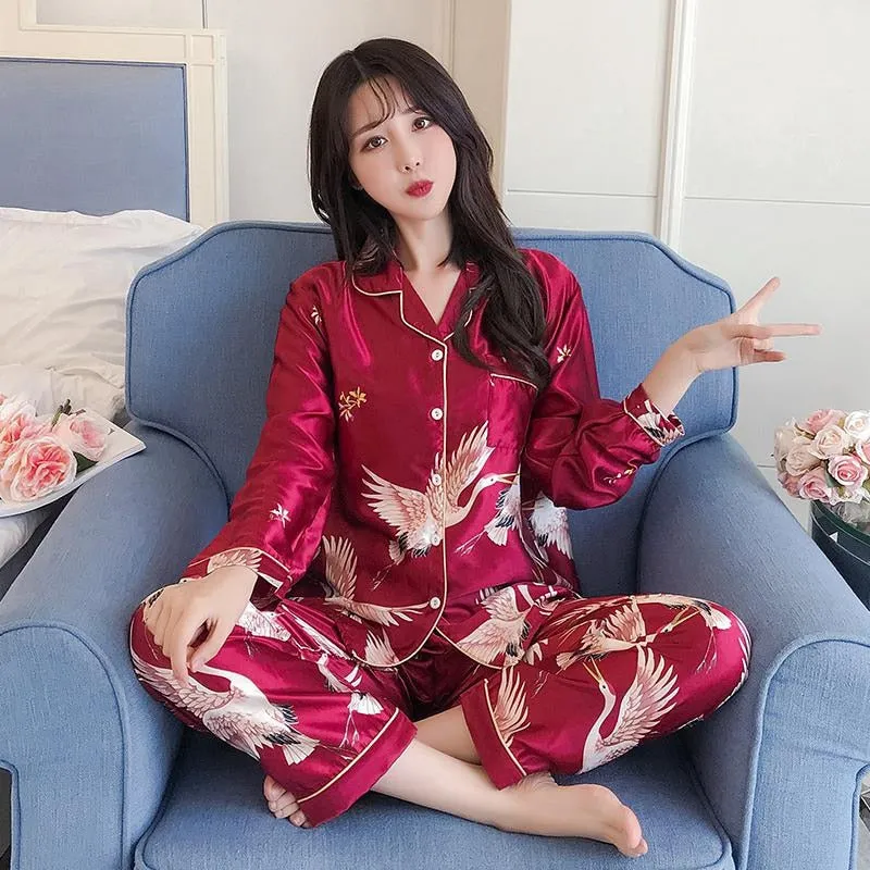 VenusFox Oversize M-5XL Womens Long Sleeve Trousers Pyjamas Silk Satin Pajamas Sets Sleepwear Nightgown Suit Robe Bath Gown Sleepshirts