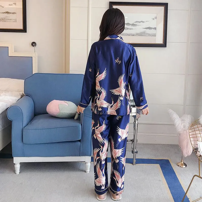 VenusFox Oversize M-5XL Womens Long Sleeve Trousers Pyjamas Silk Satin Pajamas Sets Sleepwear Nightgown Suit Robe Bath Gown Sleepshirts