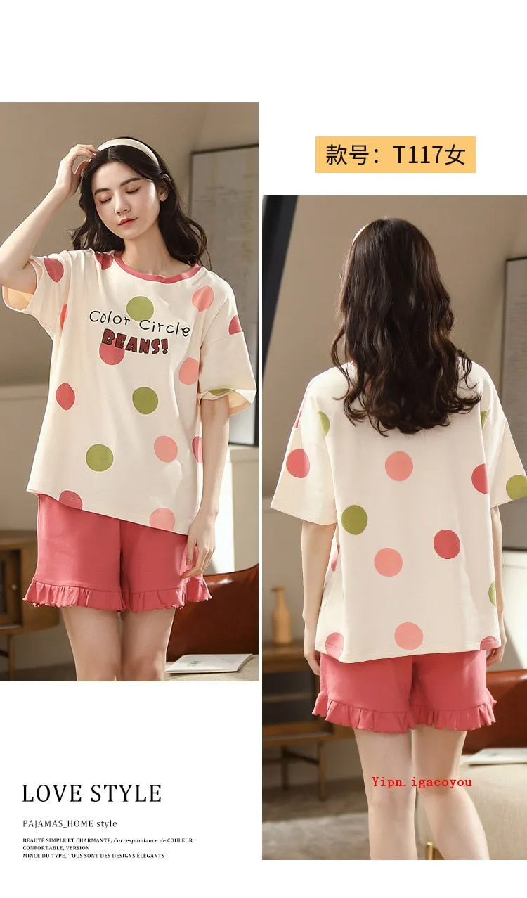 VenusFox Summer Pajamas Set Women Women Sleepwear Night Suit Home Wear Women Loose Casual Cartoon Cotton Nightwear