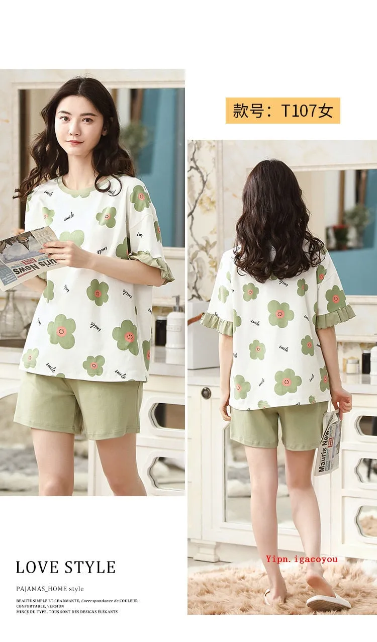 VenusFox Summer Pajamas Set Women Women Sleepwear Night Suit Home Wear Women Loose Casual Cartoon Cotton Nightwear