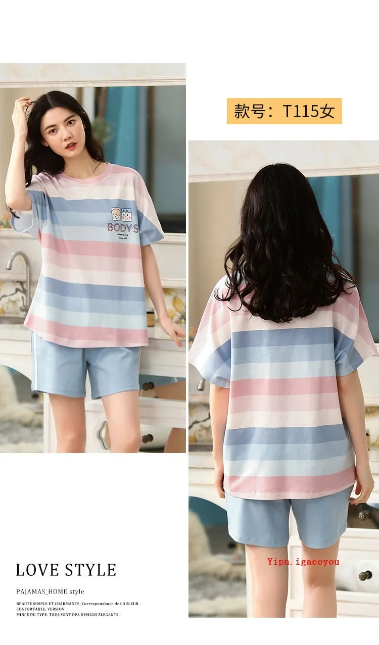 VenusFox Summer Pajamas Set Women Women Sleepwear Night Suit Home Wear Women Loose Casual Cartoon Cotton Nightwear