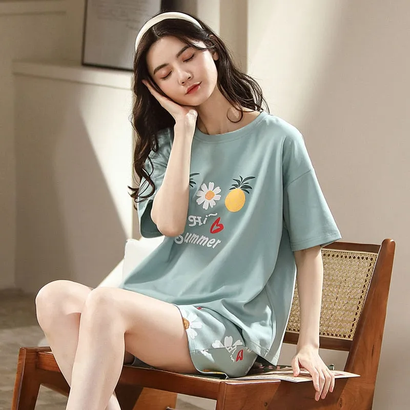 VenusFox Summer Pajamas Set Women Women Sleepwear Night Suit Home Wear Women Loose Casual Cartoon Cotton Nightwear