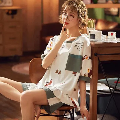 VenusFox Summer Pajamas Set Women Women Sleepwear Night Suit Home Wear Women Loose Casual Cartoon Cotton Nightwear