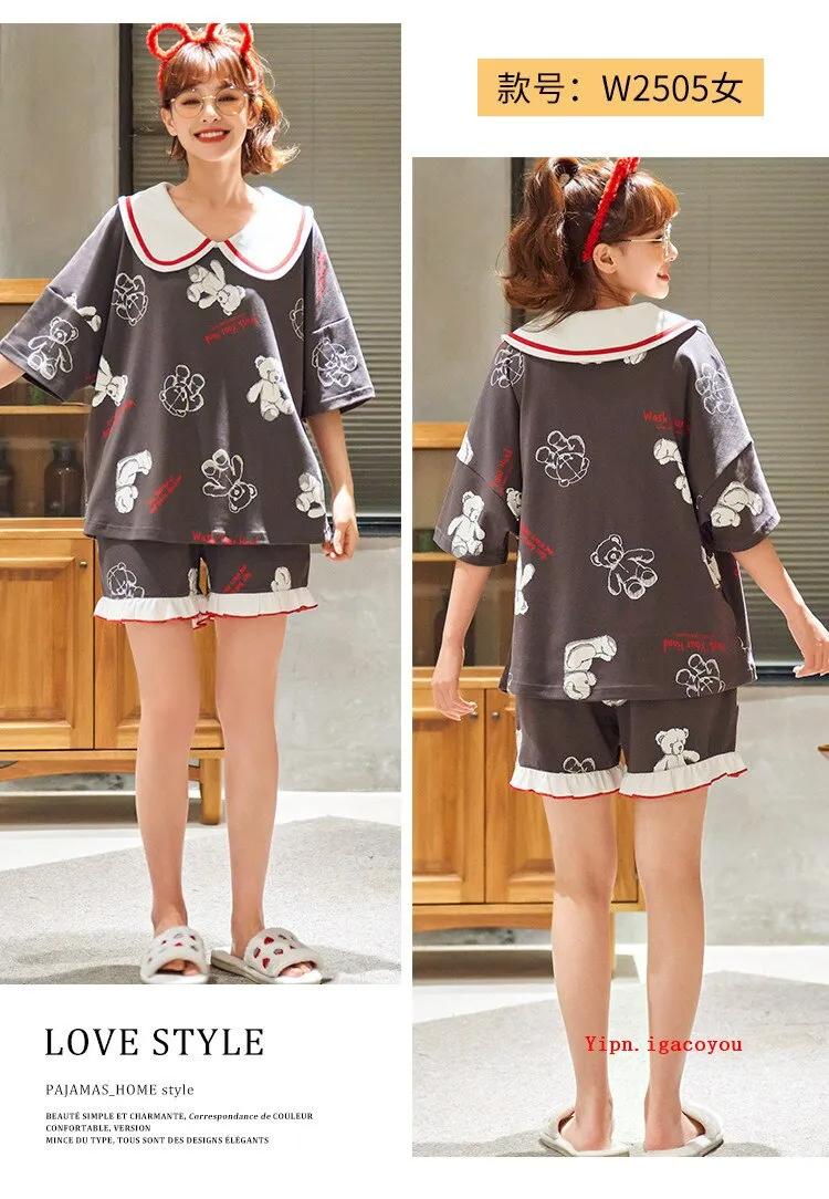 VenusFox Summer Pajamas Set Women Women Sleepwear Night Suit Home Wear Women Loose Casual Cartoon Cotton Nightwear