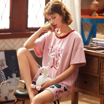 VenusFox Summer Pajamas Set Women Women Sleepwear Night Suit Home Wear Women Loose Casual Cartoon Cotton Nightwear