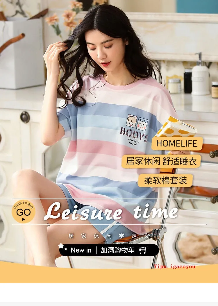 VenusFox Summer Pajamas Set Women Women Sleepwear Night Suit Home Wear Women Loose Casual Cartoon Cotton Nightwear