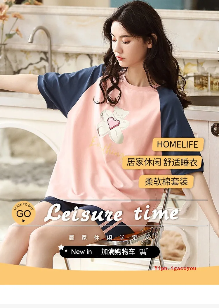 VenusFox Summer Pajamas Set Women Women Sleepwear Night Suit Home Wear Women Loose Casual Cartoon Cotton Nightwear