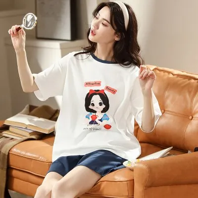 VenusFox Summer Pajamas Set Women Women Sleepwear Night Suit Home Wear Women Loose Casual Cartoon Cotton Nightwear