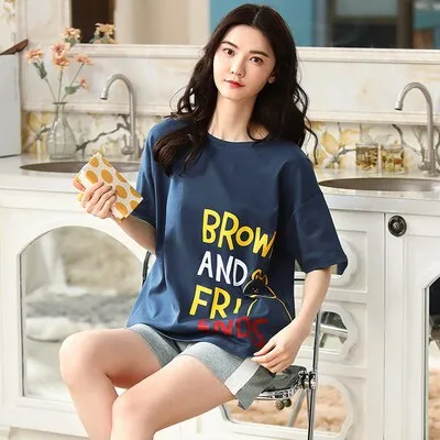 VenusFox Summer Pajamas Set Women Women Sleepwear Night Suit Home Wear Women Loose Casual Cartoon Cotton Nightwear