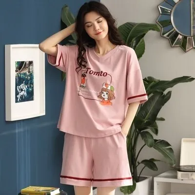 VenusFox Summer Pajamas Set Women Women Sleepwear Night Suit Home Wear Women Loose Casual Cartoon Cotton Nightwear