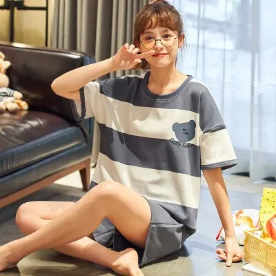 VenusFox Summer Pajamas Set Women Women Sleepwear Night Suit Home Wear Women Loose Casual Cartoon Cotton Nightwear