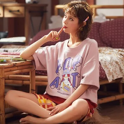 VenusFox Summer Pajamas Set Women Women Sleepwear Night Suit Home Wear Women Loose Casual Cartoon Cotton Nightwear