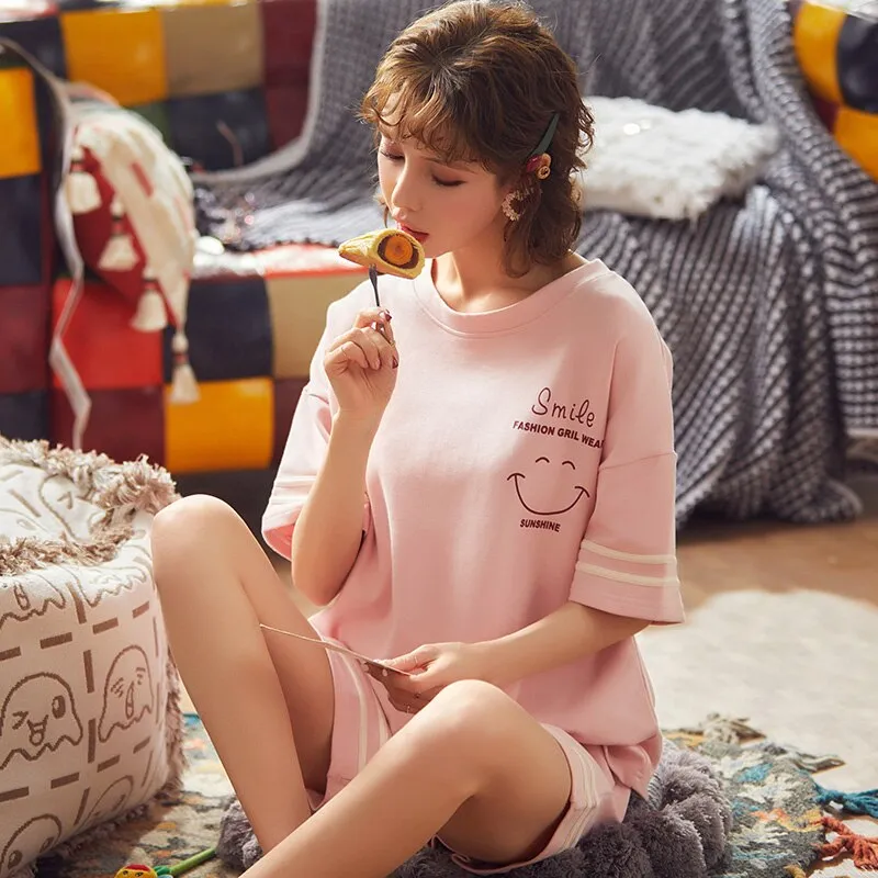 VenusFox Summer Pajamas Set Women Women Sleepwear Night Suit Home Wear Women Loose Casual Cartoon Cotton Nightwear