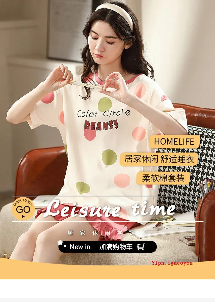 VenusFox Summer Pajamas Set Women Women Sleepwear Night Suit Home Wear Women Loose Casual Cartoon Cotton Nightwear
