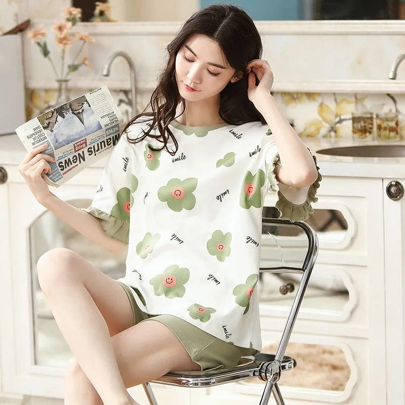 VenusFox Summer Pajamas Set Women Women Sleepwear Night Suit Home Wear Women Loose Casual Cartoon Cotton Nightwear