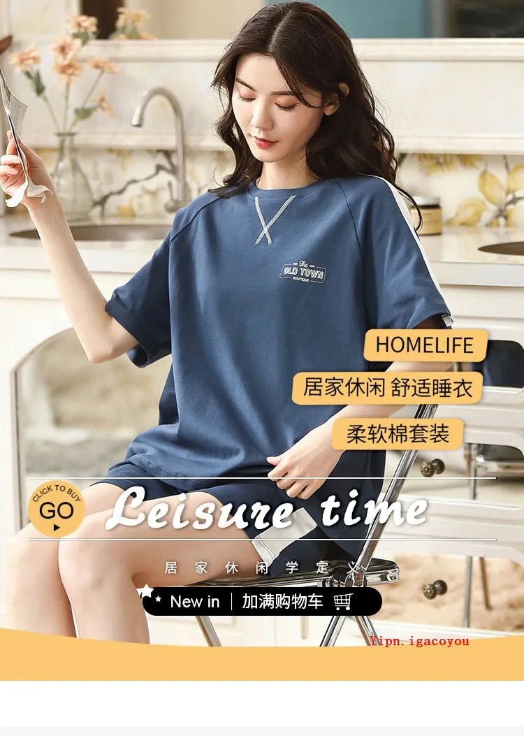 VenusFox Summer Pajamas Set Women Women Sleepwear Night Suit Home Wear Women Loose Casual Cartoon Cotton Nightwear