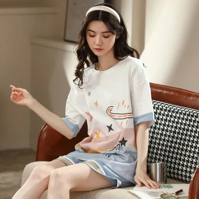 VenusFox Summer Pajamas Set Women Women Sleepwear Night Suit Home Wear Women Loose Casual Cartoon Cotton Nightwear
