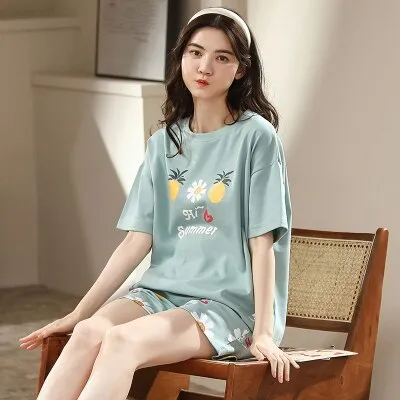 VenusFox Summer Pajamas Set Women Women Sleepwear Night Suit Home Wear Women Loose Casual Cartoon Cotton Nightwear