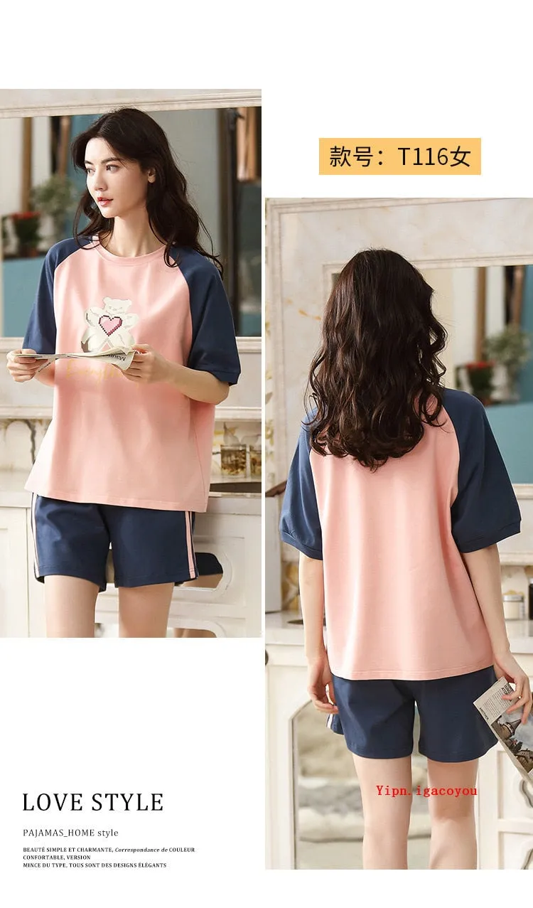 VenusFox Summer Pajamas Set Women Women Sleepwear Night Suit Home Wear Women Loose Casual Cartoon Cotton Nightwear