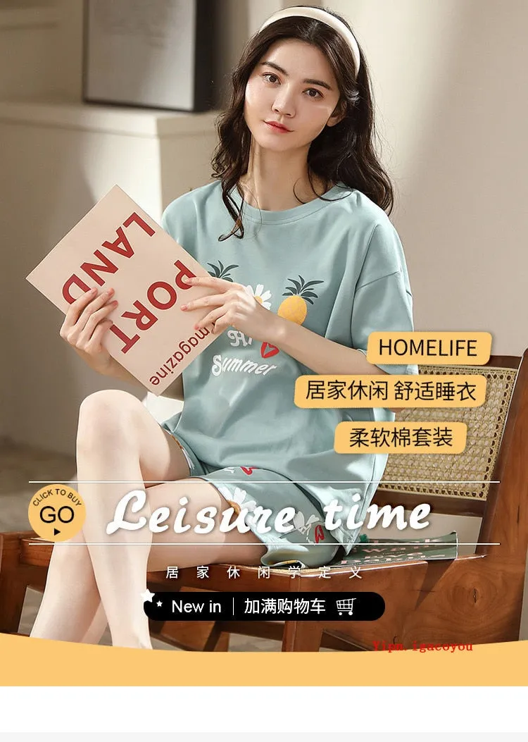 VenusFox Summer Pajamas Set Women Women Sleepwear Night Suit Home Wear Women Loose Casual Cartoon Cotton Nightwear