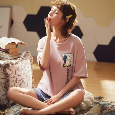 VenusFox Summer Pajamas Set Women Women Sleepwear Night Suit Home Wear Women Loose Casual Cartoon Cotton Nightwear