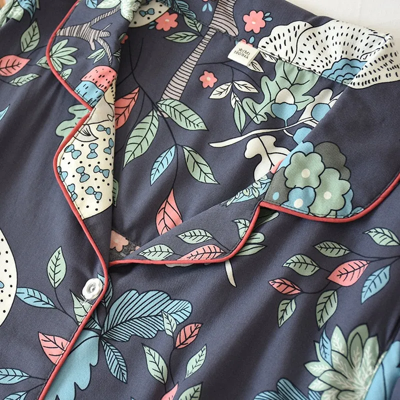 VenusFox Women Pajamas Casual Turn-down Collar Short Sleeve Sleepwear Printed Summer Pajama Shorts Female Homeware