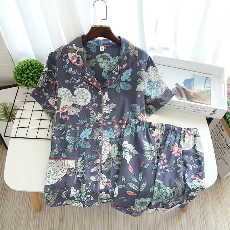 VenusFox Women Pajamas Casual Turn-down Collar Short Sleeve Sleepwear Printed Summer Pajama Shorts Female Homeware