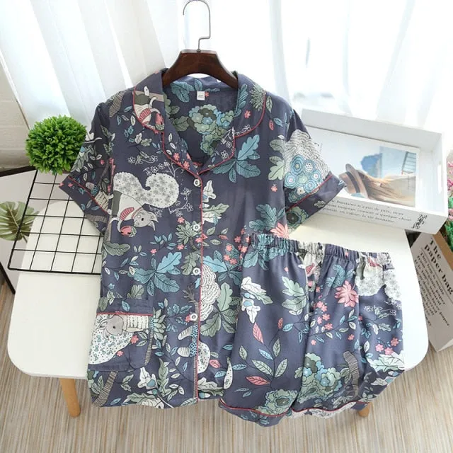 VenusFox Women Pajamas Casual Turn-down Collar Short Sleeve Sleepwear Printed Summer Pajama Shorts Female Homeware