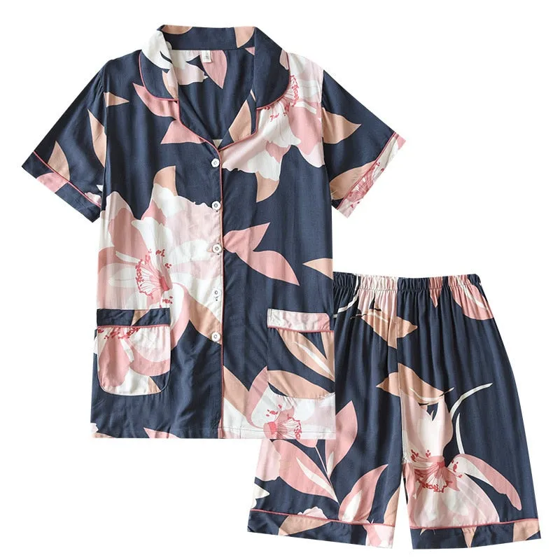 VenusFox Women Pajamas Casual Turn-down Collar Short Sleeve Sleepwear Printed Summer Pajama Shorts Female Homeware
