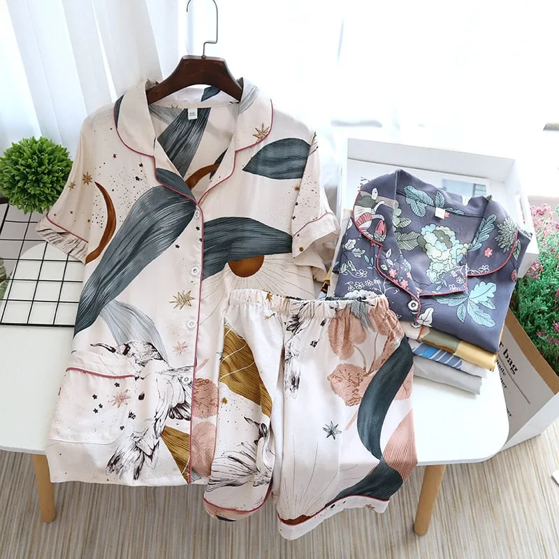 VenusFox Women Pajamas Casual Turn-down Collar Short Sleeve Sleepwear Printed Summer Pajama Shorts Female Homeware
