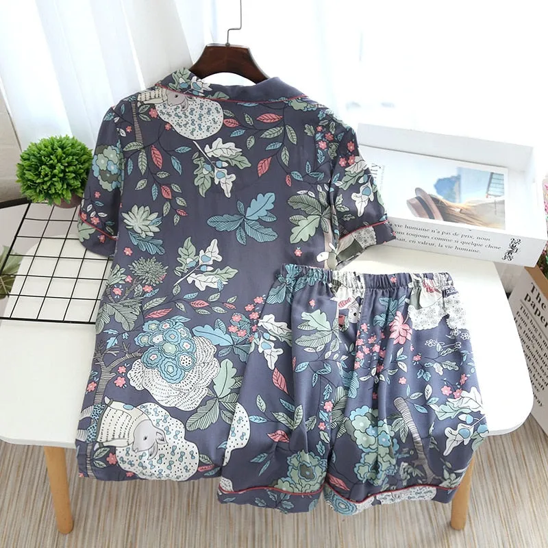 VenusFox Women Pajamas Casual Turn-down Collar Short Sleeve Sleepwear Printed Summer Pajama Shorts Female Homeware