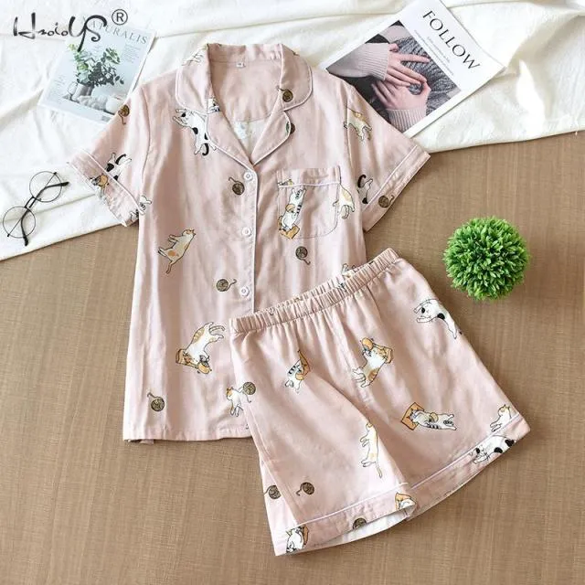 VenusFox Women's Sleepwear 100% Cotton Gauze Soft Pajama Sets Button Down Long Sleeve Pj Floral Pajama Set