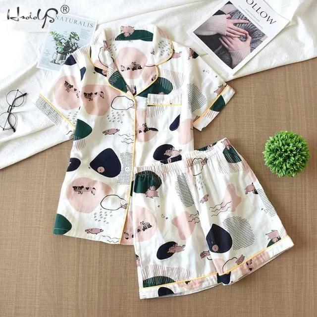 VenusFox Women's Sleepwear 100% Cotton Gauze Soft Pajama Sets Button Down Long Sleeve Pj Floral Pajama Set