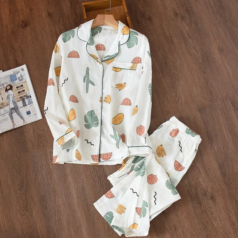 VenusFox Women's Sleepwear 100% Cotton Gauze Soft Pajama Sets Button Down Long Sleeve Pj Floral Pajama Set