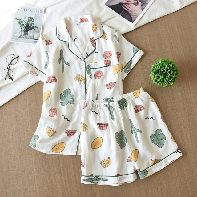 VenusFox Women's Sleepwear 100% Cotton Gauze Soft Pajama Sets Button Down Long Sleeve Pj Floral Pajama Set