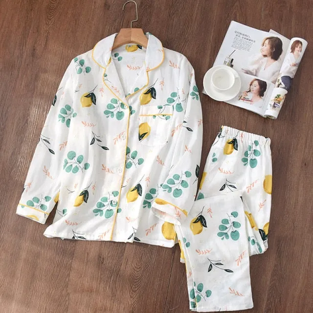 VenusFox Women's Sleepwear 100% Cotton Gauze Soft Pajama Sets Button Down Long Sleeve Pj Floral Pajama Set