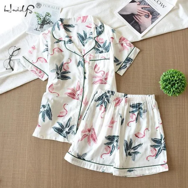 VenusFox Women's Sleepwear 100% Cotton Gauze Soft Pajama Sets Button Down Long Sleeve Pj Floral Pajama Set
