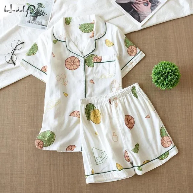 VenusFox Women's Sleepwear 100% Cotton Gauze Soft Pajama Sets Button Down Long Sleeve Pj Floral Pajama Set