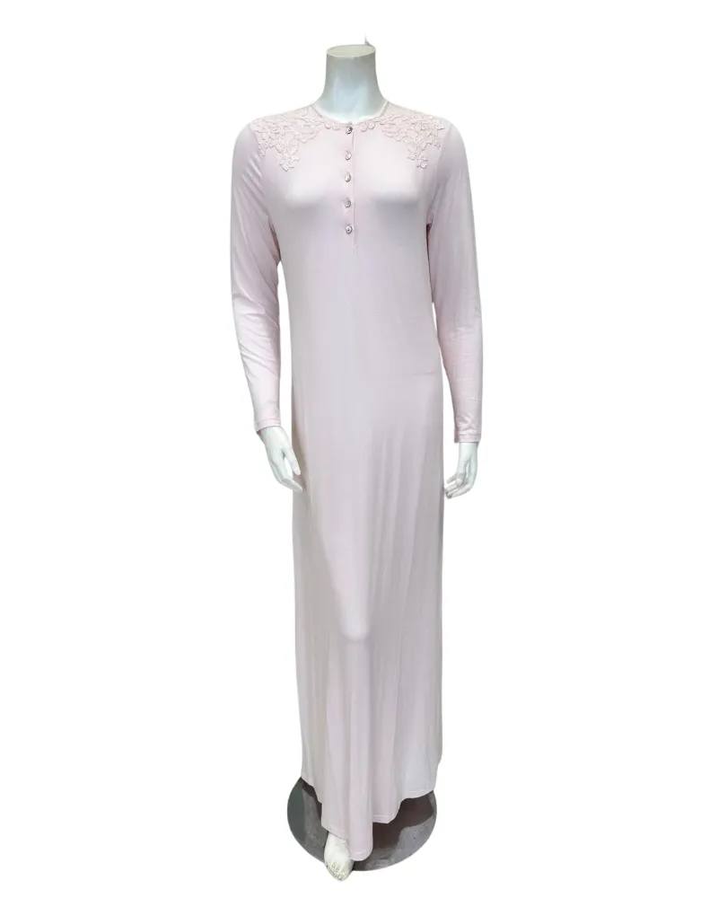 Verdiani Angel Pink Embroidered Flowers Sheer Shoulder Button Down Modal Nightgown