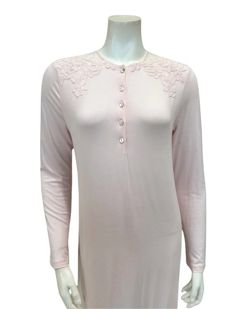 Verdiani Angel Pink Embroidered Flowers Sheer Shoulder Button Down Modal Nightgown