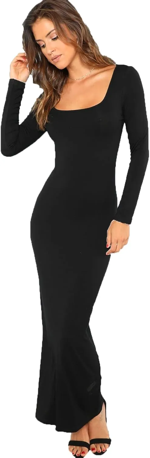 Verdusa Women's Long Sleeve Square Neck Bodycon Maxi Long Dress