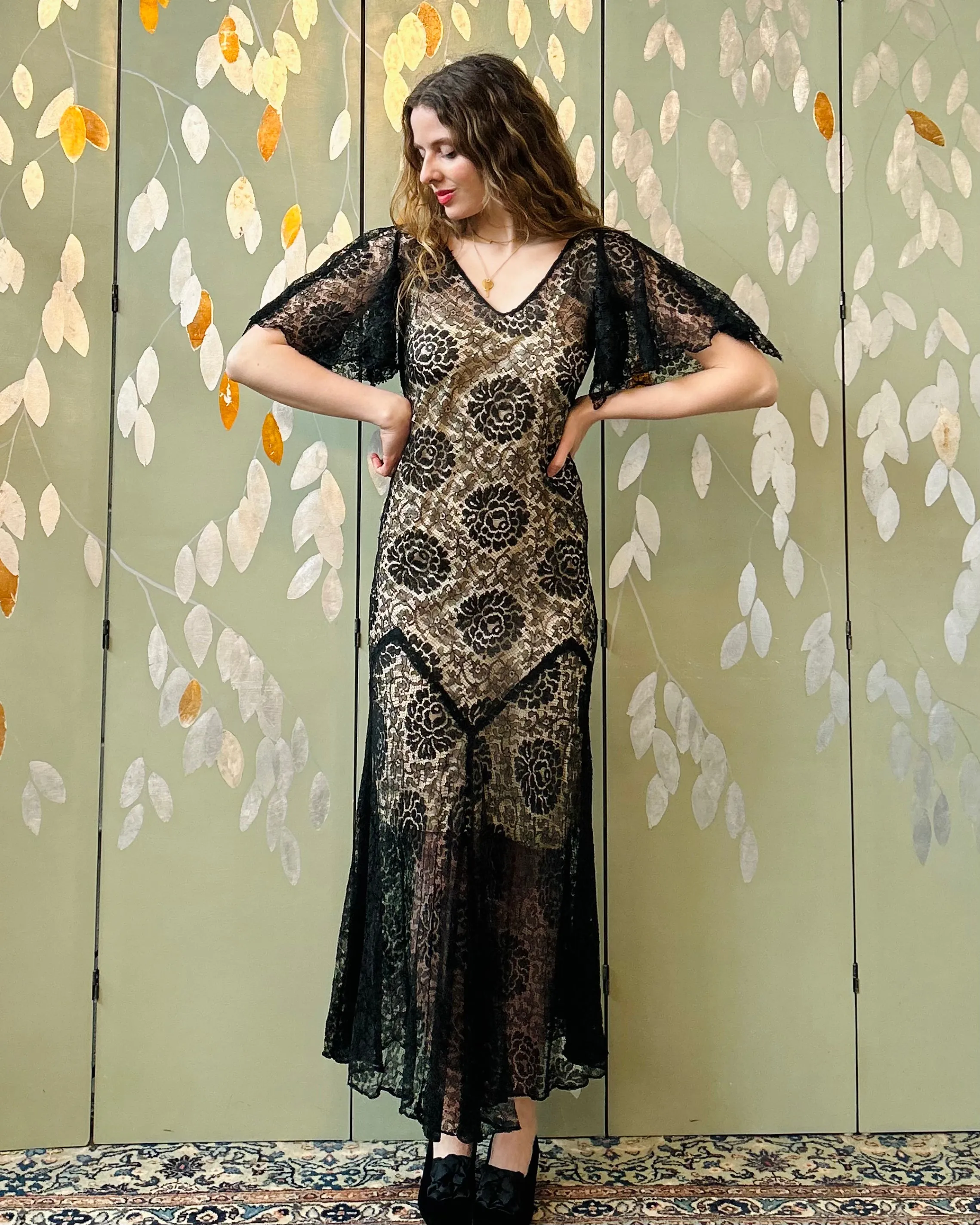 Vintage 1930s Black Lace Dress, Small