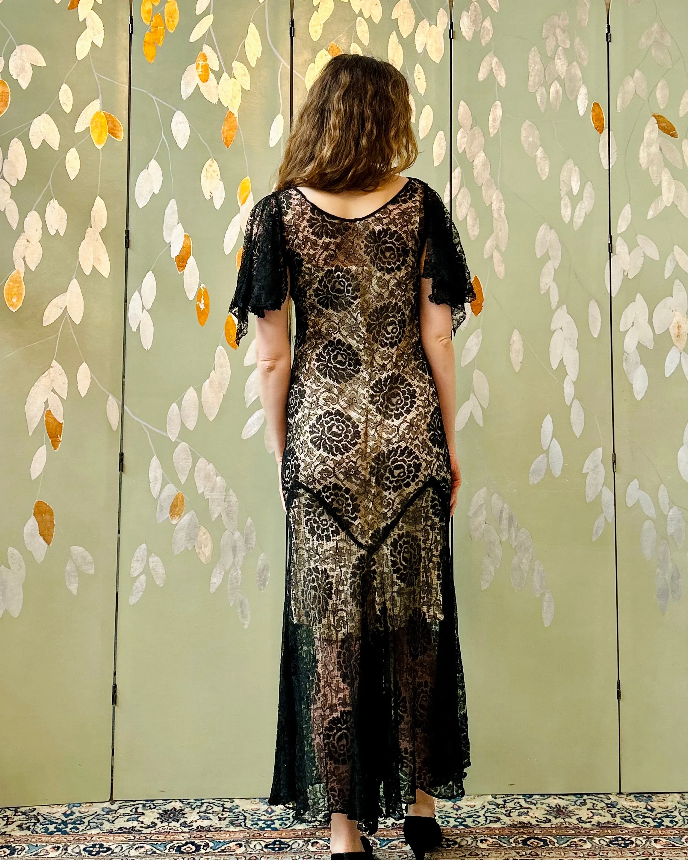 Vintage 1930s Black Lace Dress, Small