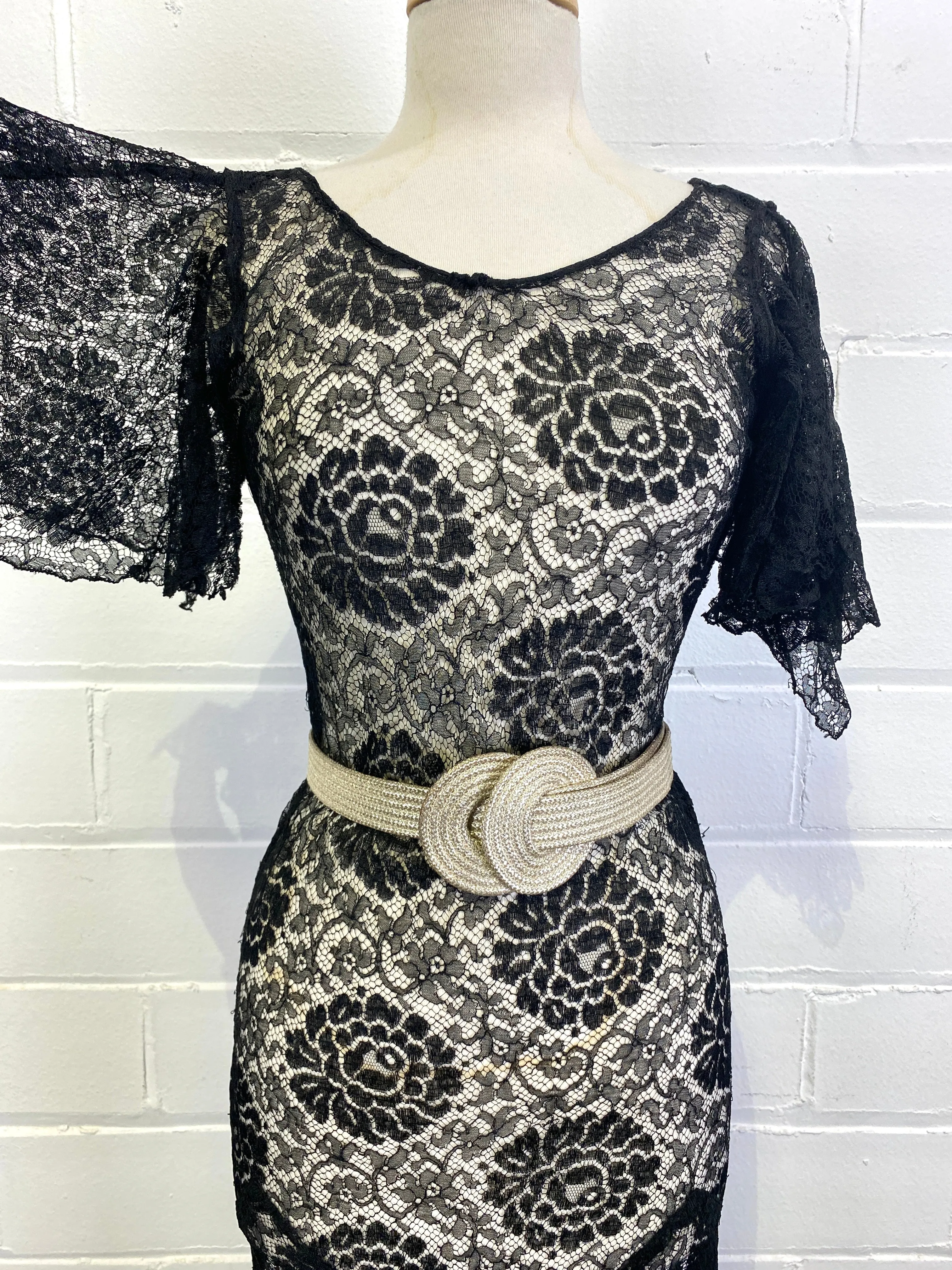 Vintage 1930s Black Lace Dress, Small
