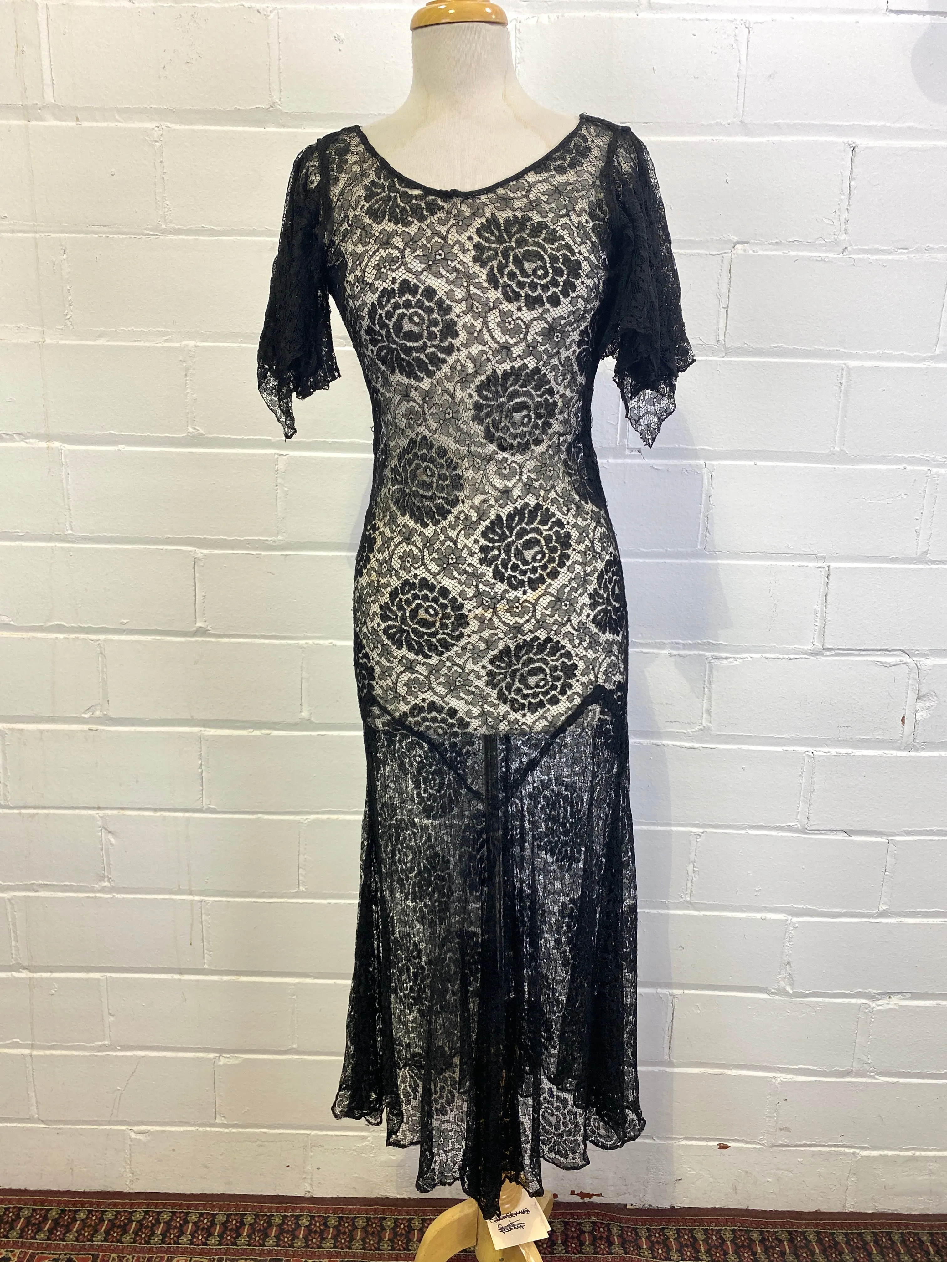 Vintage 1930s Black Lace Dress, Small