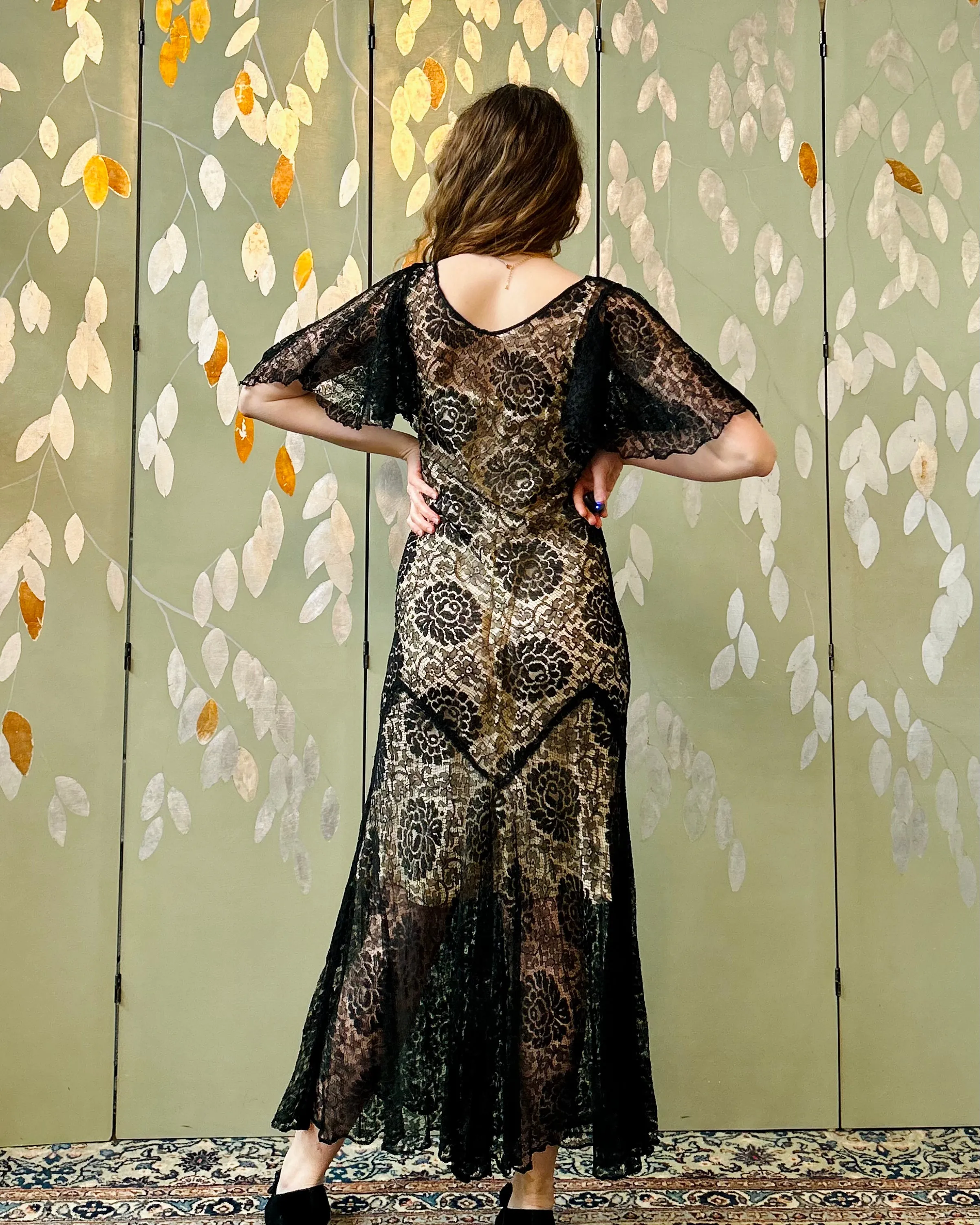 Vintage 1930s Black Lace Dress, Small