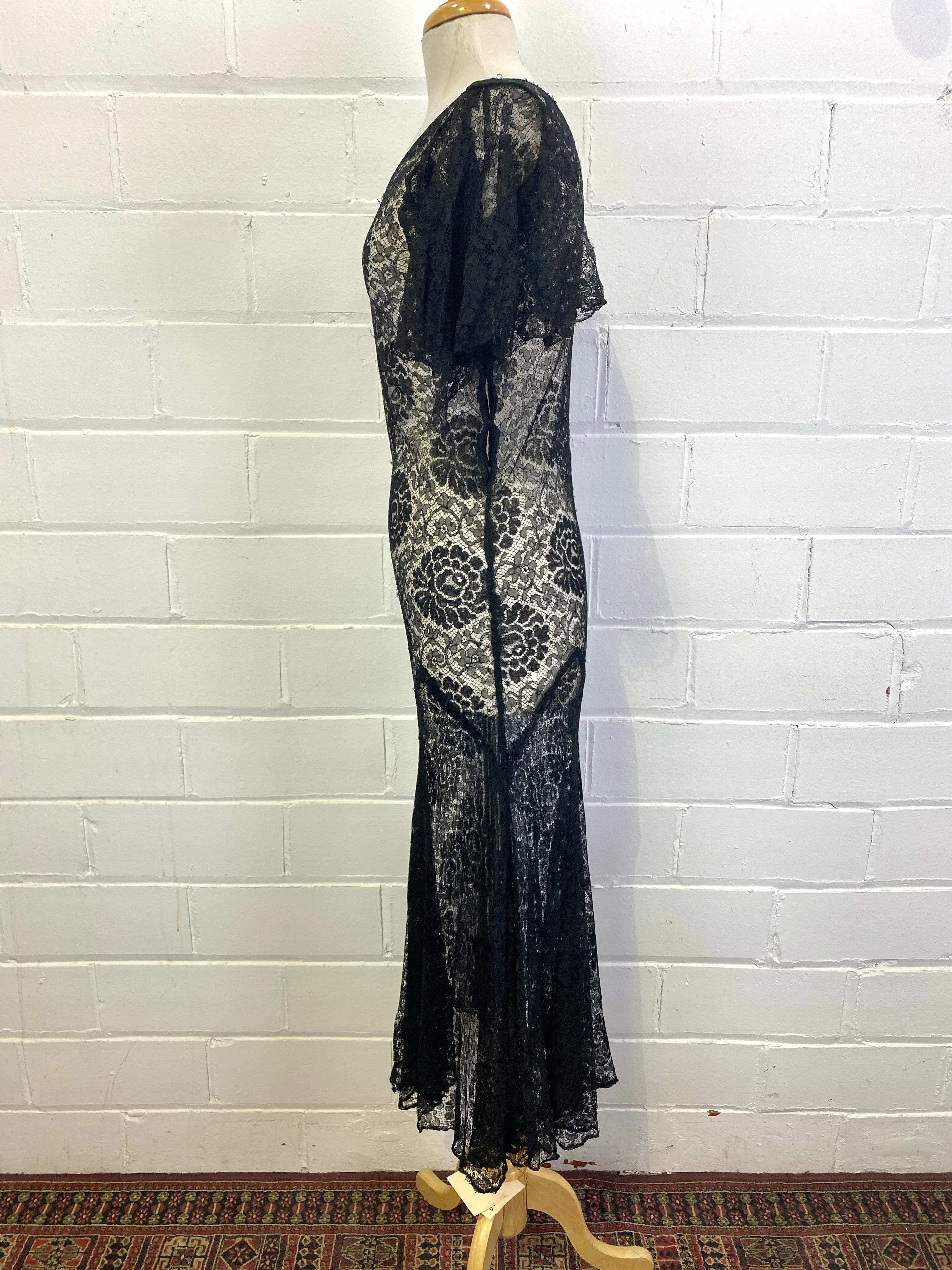 Vintage 1930s Black Lace Dress, Small