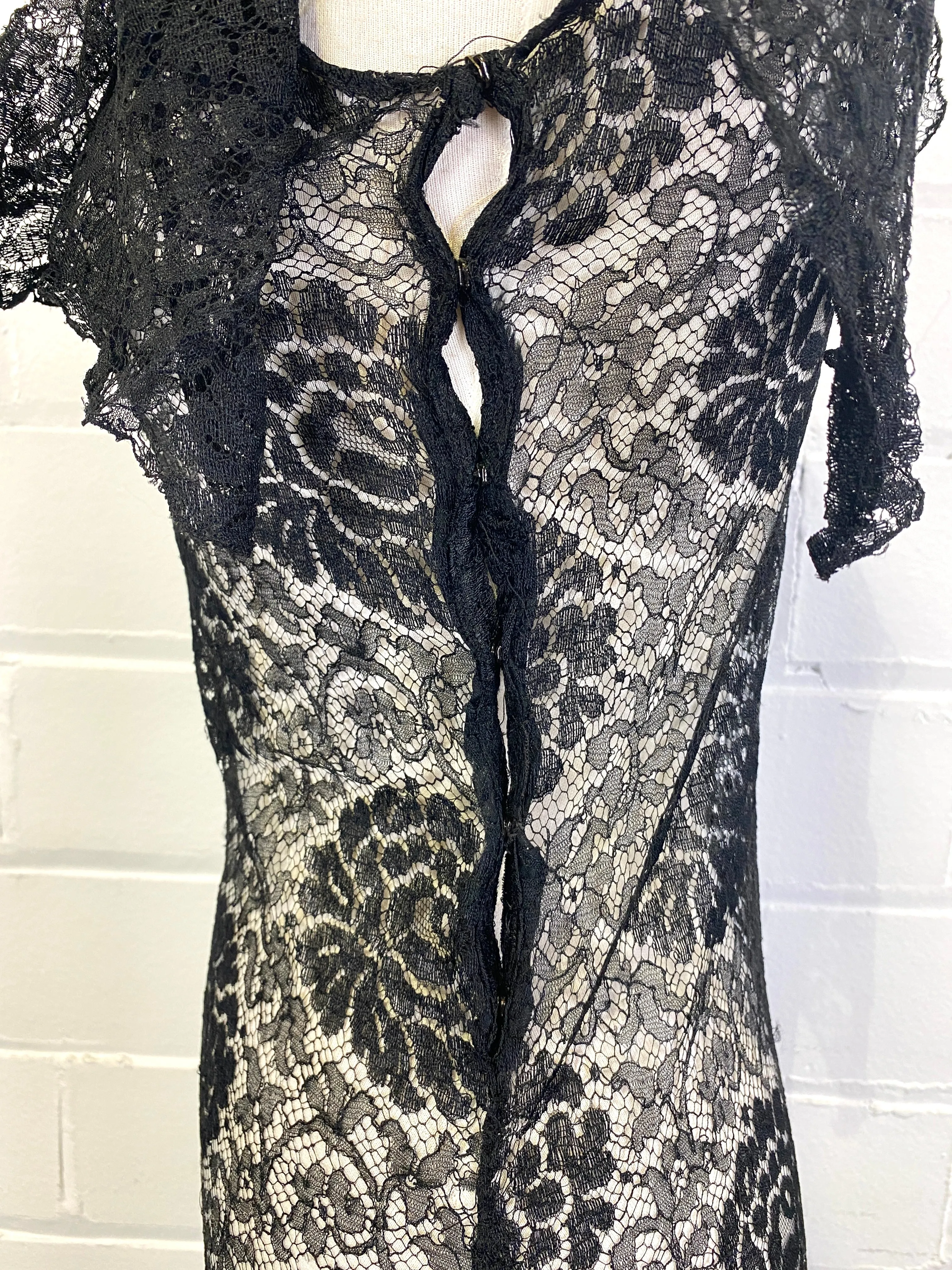 Vintage 1930s Black Lace Dress, Small