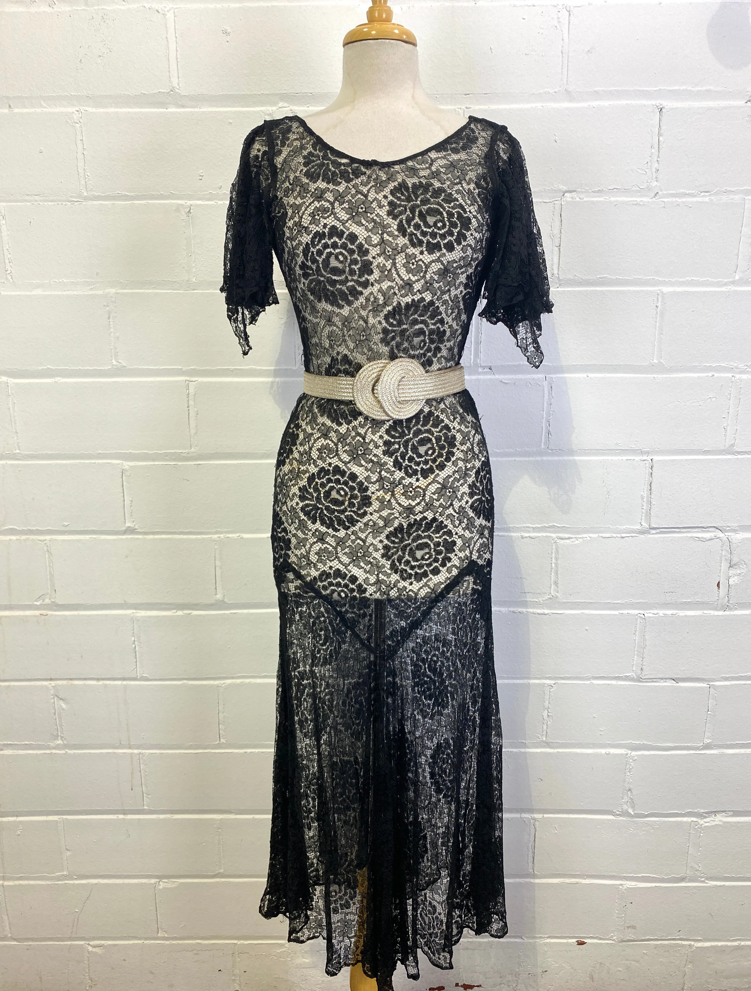 Vintage 1930s Black Lace Dress, Small