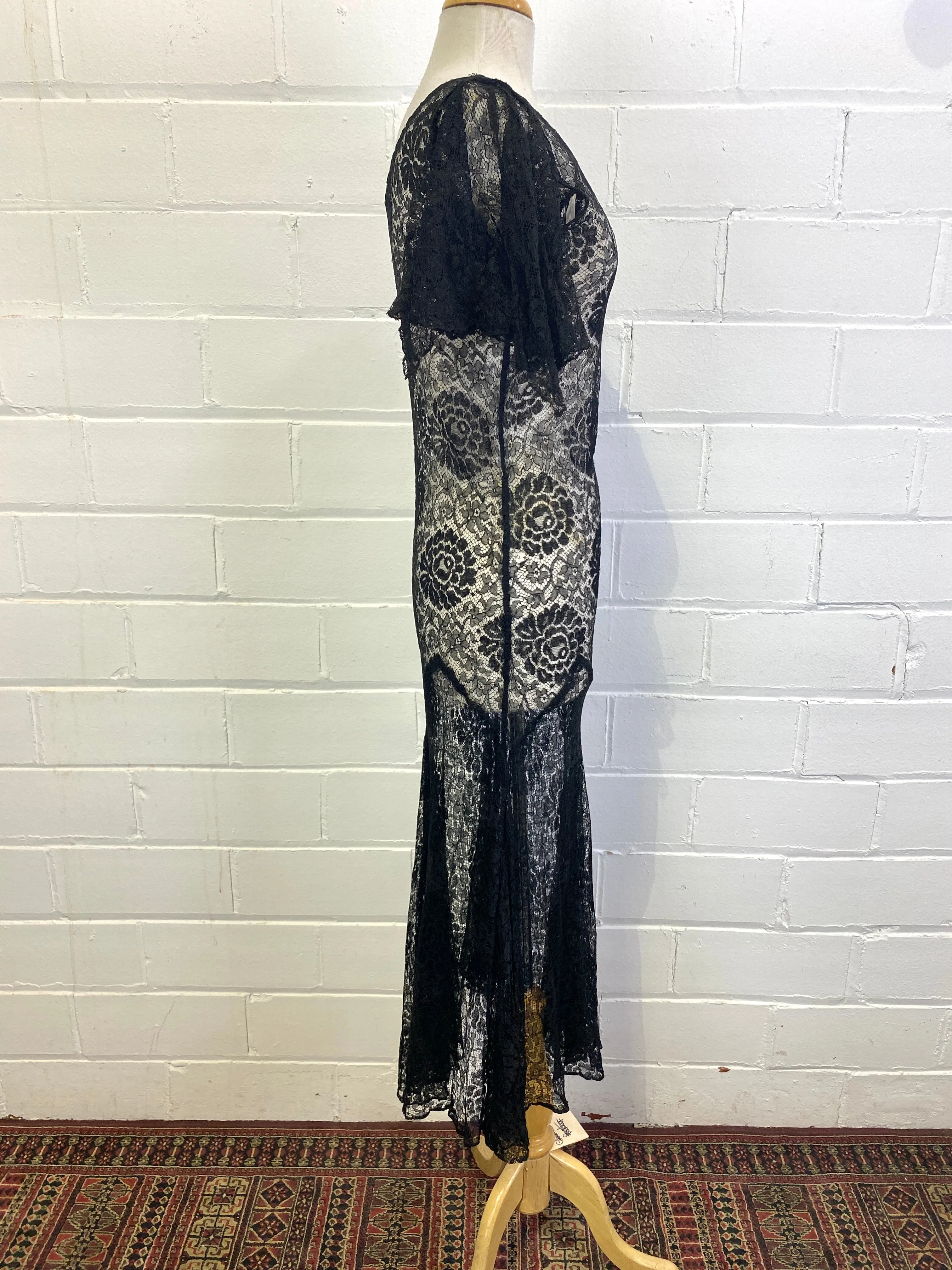 Vintage 1930s Black Lace Dress, Small